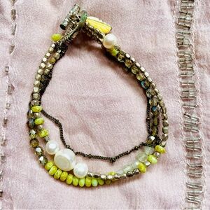 Multi-Strand Pearl & Green Gemstone Bracelet Artisan Toggle OOAK
